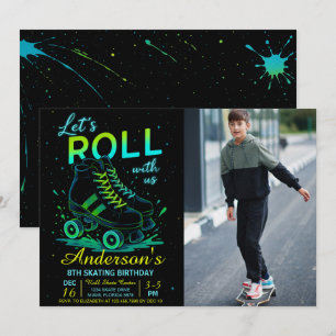 Invitation Photo d'anniversaire rétro néon de roller en patin