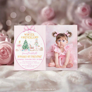 Invitation Photo d'anniversaire rose de l'hiver Onederland Ca