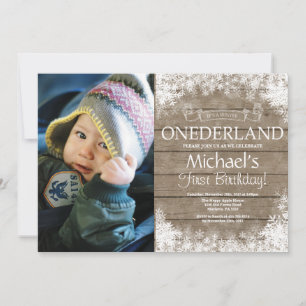 Invitation Photo d'anniversaire rustique Winter Onederland 1è