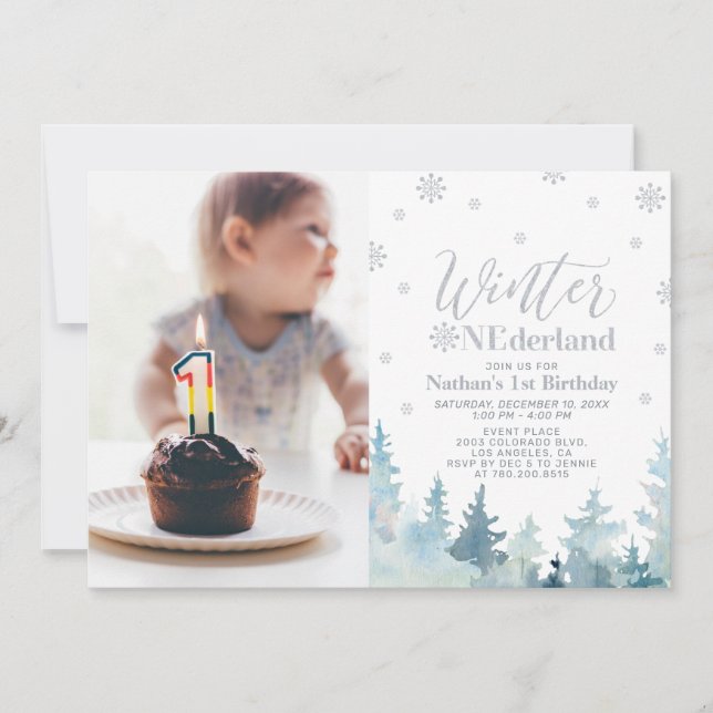 Invitation Photo d'anniversaire Silver Winter Onederland 1ère (Devant)