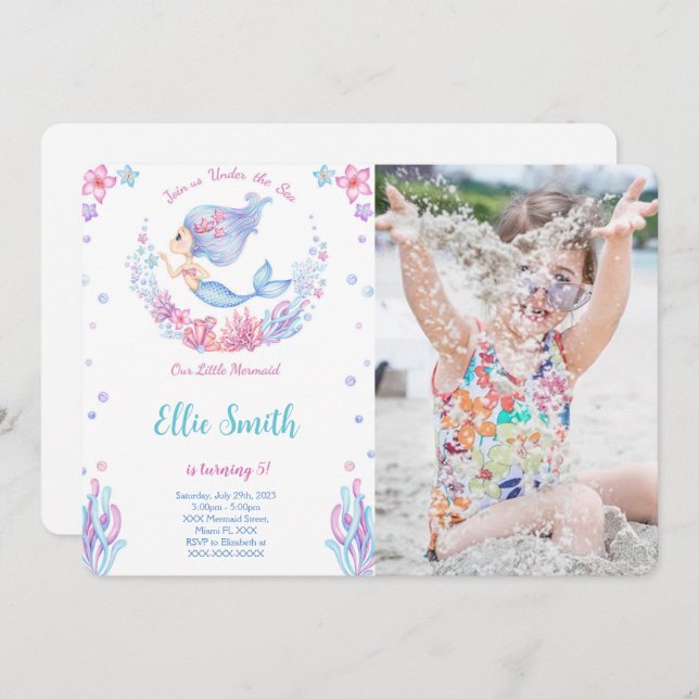 Invitation photo d'anniversaire sirène (Devant / Derrière)