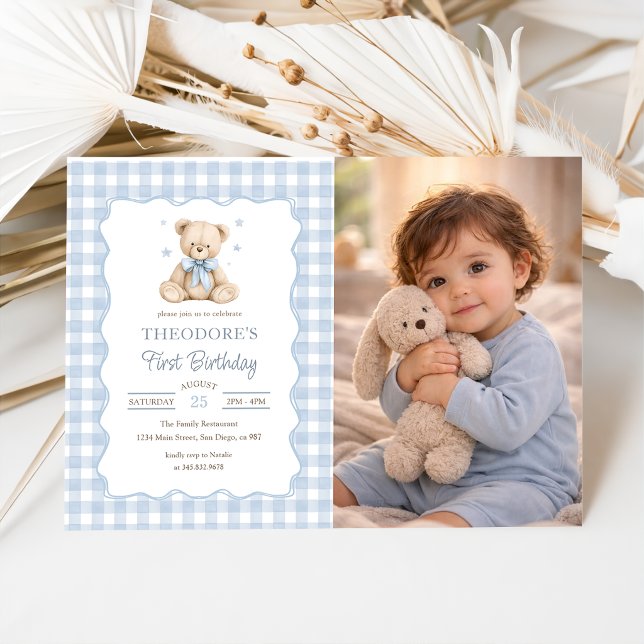 Invitation Photo d'anniversaire Teddy Bear Blue Balloon (Créateur téléchargé)