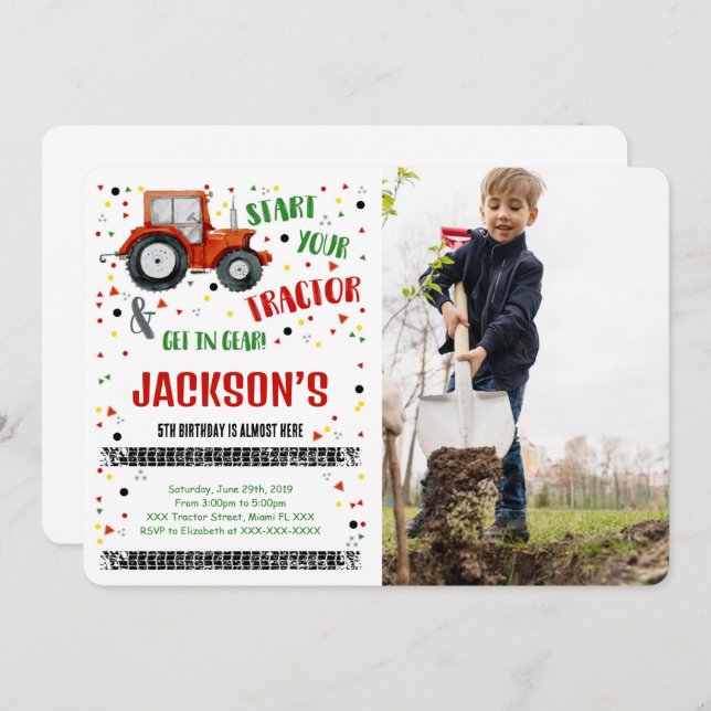 Invitation photo d'anniversaire tracteur (Devant / Derrière)
