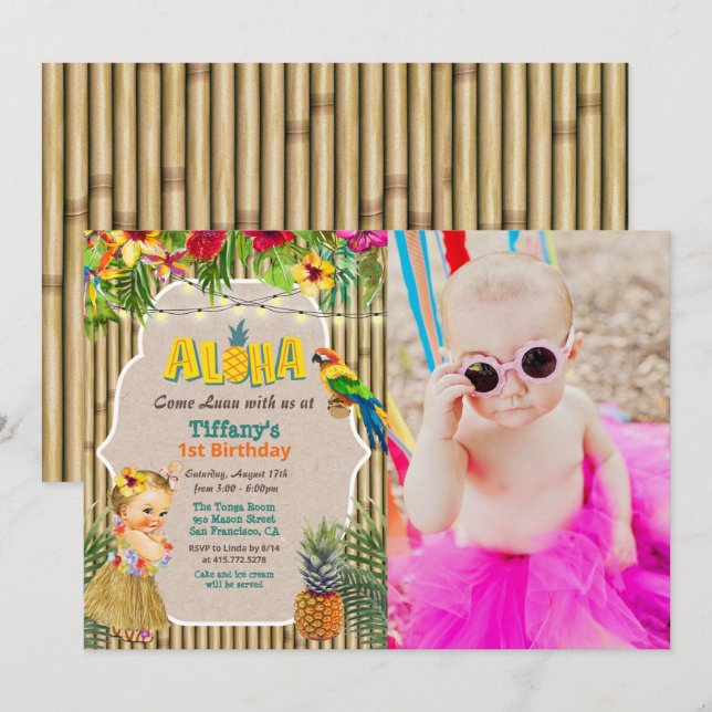Invitation photo d'anniversaire tropical Aloha Lua (Devant / Derrière)