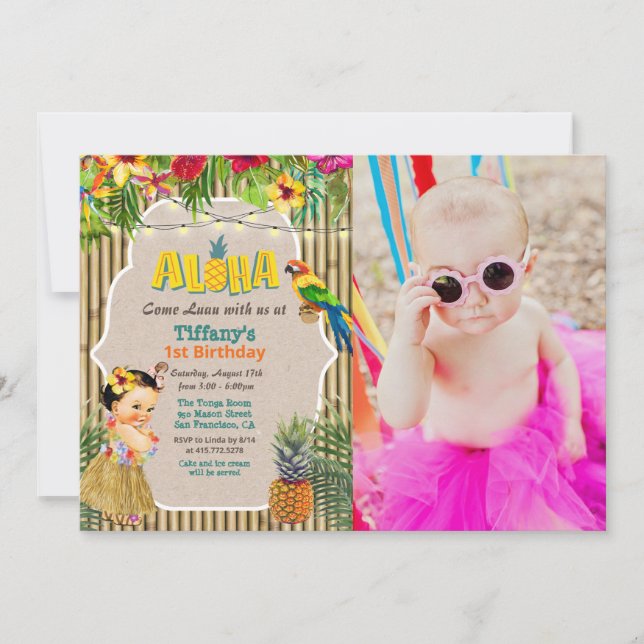 Invitation photo d'anniversaire tropical Aloha Lua (Devant)