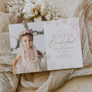 Invitation Photo d'anniversaire Winter Onederland rose paille