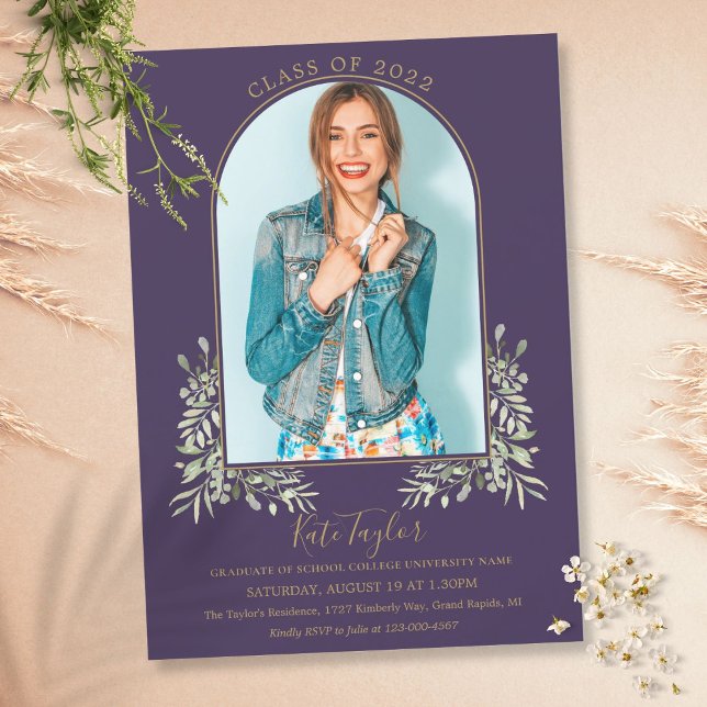 Invitation Photo d'arc en or avec feuillage violet pour la re (Créateur téléchargé)