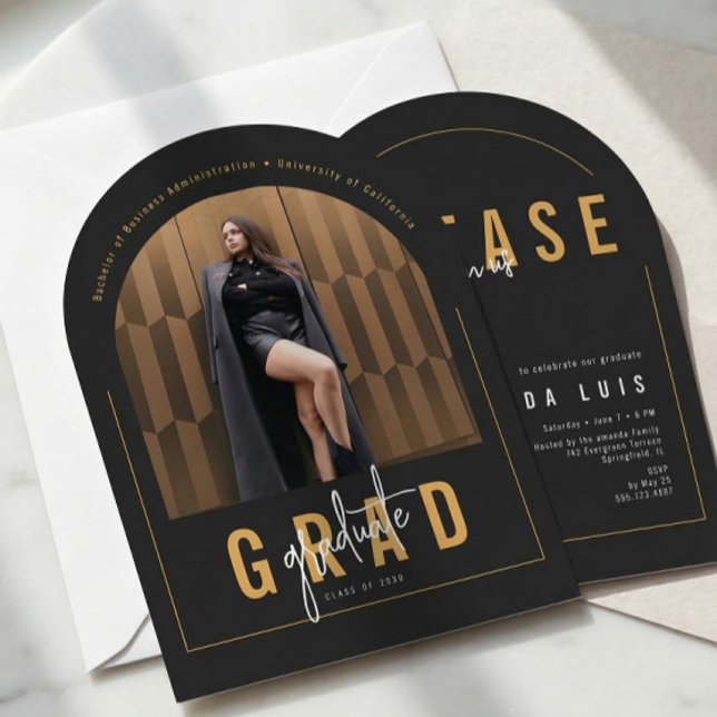 Invitation Photo d'architecture moderne Noir et Or Graduation (Créateur téléchargé)
