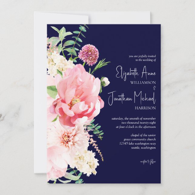 Invitation Photo Dark Navy Blush Rose Floral Script élégant (Devant)