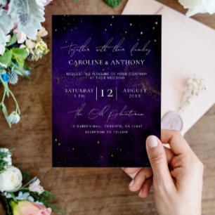 Invitation Photo Dark Purple Aquarelle Mariage d'or magique