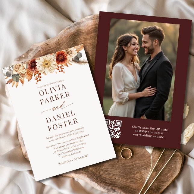 Invitation Photo d'automne moderne QR Code Mariage de automne (Créateur téléchargé)