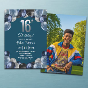 Invitation Photo de 16e anniversaire pailleté bleu élégant ar
