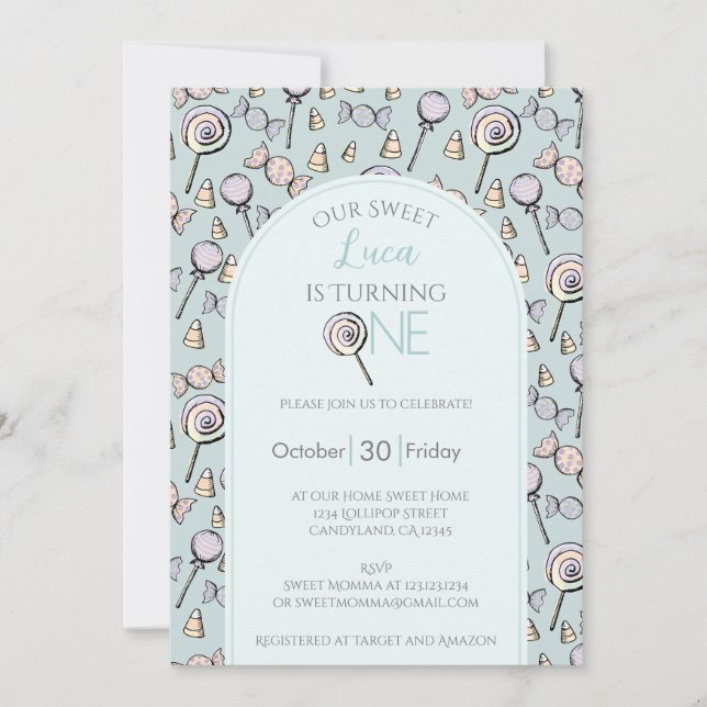 Invitation Photo de 1er anniversaire Blue Candy (Devant)
