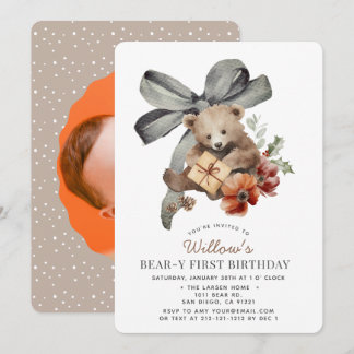 Invitation Photo de 1er anniversaire de Beary 1er arc gris