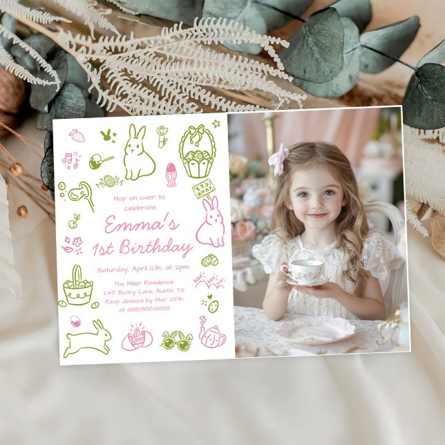 Invitation Photo de 1er anniversaire de Pâques rose et vert (Créateur téléchargé)