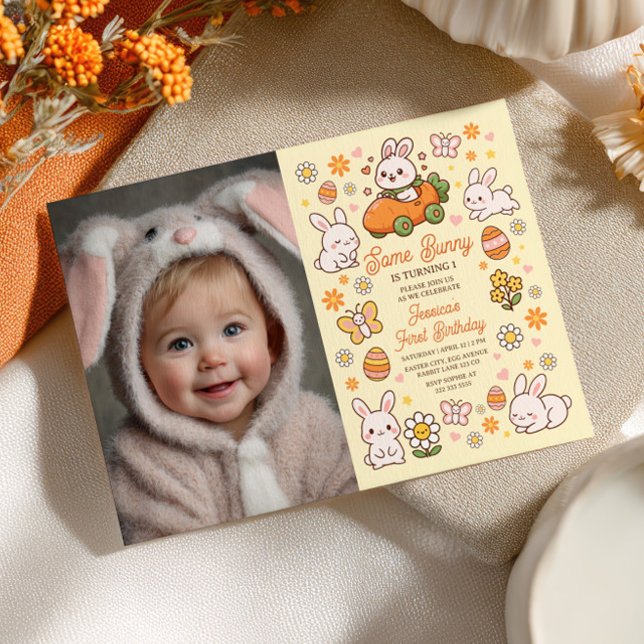 Invitation Photo de 1er anniversaire de Pâques Some Bunny Whi (Créateur téléchargé)