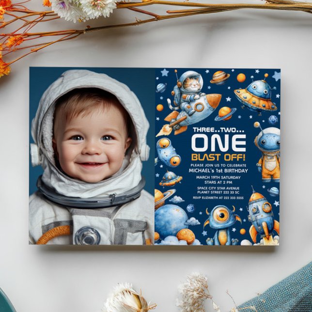 Invitation Photo de 1er anniversaire de Space Astronaut Cat B (Créateur téléchargé)