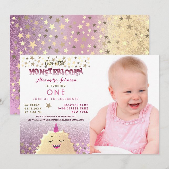 Invitation Photo de 1er anniversaire Fille Petit Monstre (Devant / Derrière)