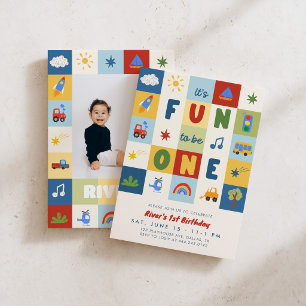 Invitation Photo de 1er anniversaire Fun To Be One garçons ré