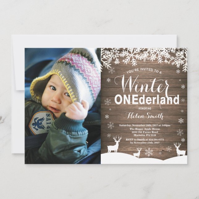 Invitation Photo de 1er anniversaire rustique Winter Onederla (Devant)