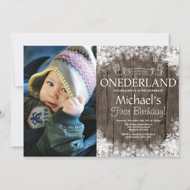 Invitation Photo de 1er anniversaire Winter Onederland Rustiq (Devant)