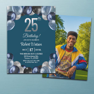 Invitation Photo de 25e anniversaire bleu argenté élégant