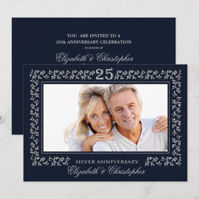 Invitation Photo de 25e anniversaire de mariage Navy Blue Sil (Devant / Derrière)
