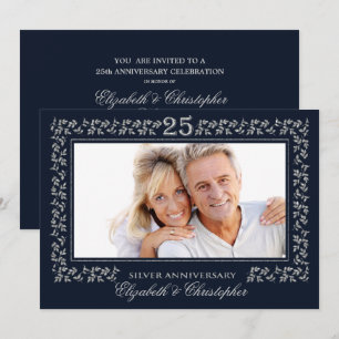 Invitation Photo de 25e anniversaire de mariage Navy Blue Sil