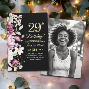 Invitation Photo de 29e anniversaire à motif floral élégant e