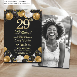 Invitation Photo de 29e anniversaire élégant noir or paillett