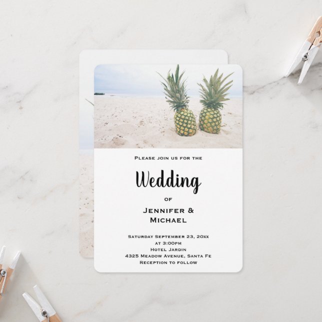 Invitation Photo de 2 ananas sur un mariage de plage (Devant/Arrière en situation)
