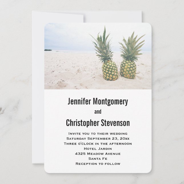 Invitation Photo de 2 ananas sur une plage de mariage (Devant)