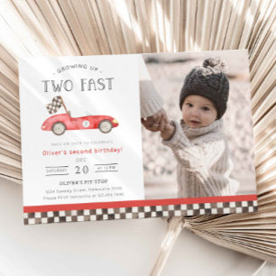 Invitation Photo de 2e anniversaire de Two Fast Red Race Car