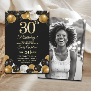 Invitation Photo de 30e anniversaire élégant noir et or paill