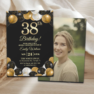 Invitation Photo de 38e anniversaire élégant noir et or paill