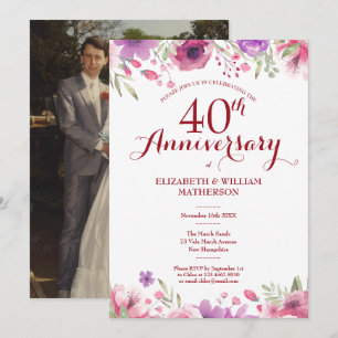 Invitation Photo de 40e anniversaire de mariage à l'aquarelle