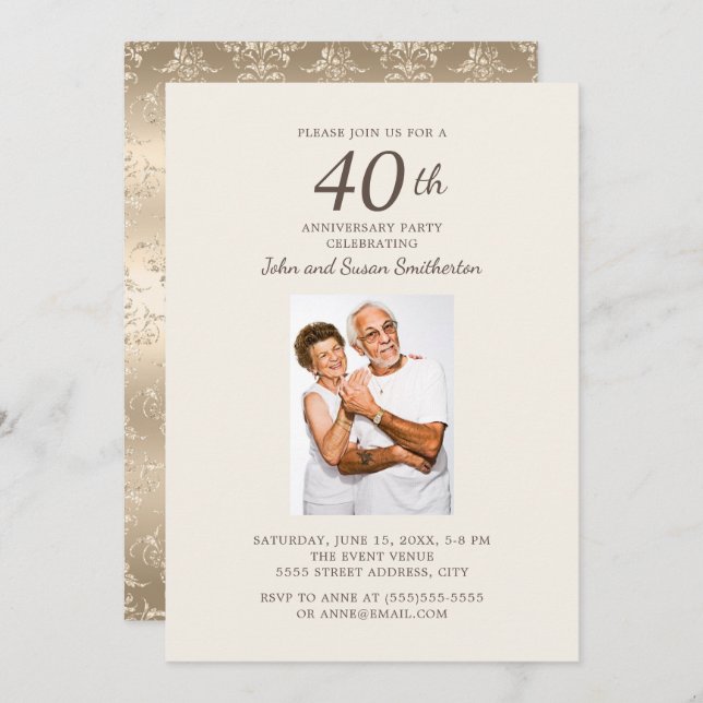Invitation Photo de 40e anniversaire de mariage en damas or é (Devant / Derrière)