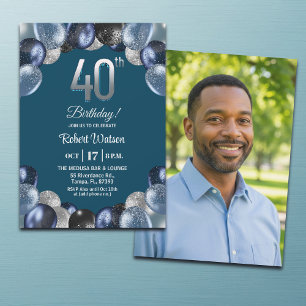 Invitation Photo de 40e anniversaire élégant bleu argent pail