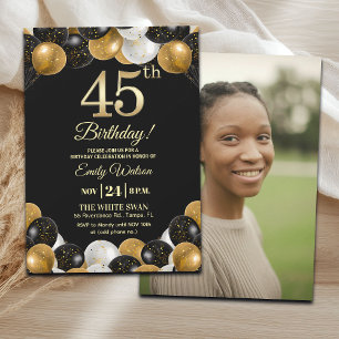 Invitation Photo de 45e anniversaire élégant noir or paillett