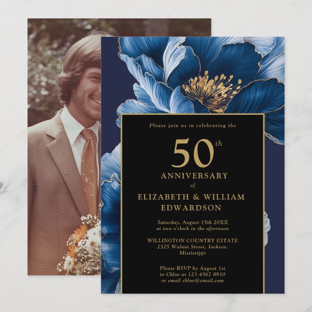 Invitation Photo de 50e anniversaire à motif floral bleu et o (Devant / Derrière)