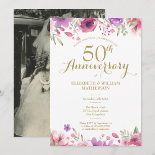 Invitation Photo de 50e anniversaire de mariage aquarelle ros