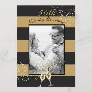 Invitation Photo de 50e anniversaire de mariage noir or éléga