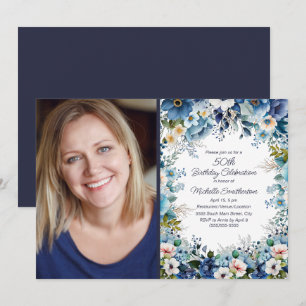 Invitation Photo de 50e anniversaire Navy Dusty Blue White Fl