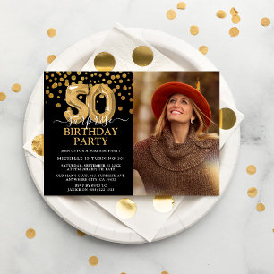 Invitation Photo de 50e anniversaire surprise noir et or mode