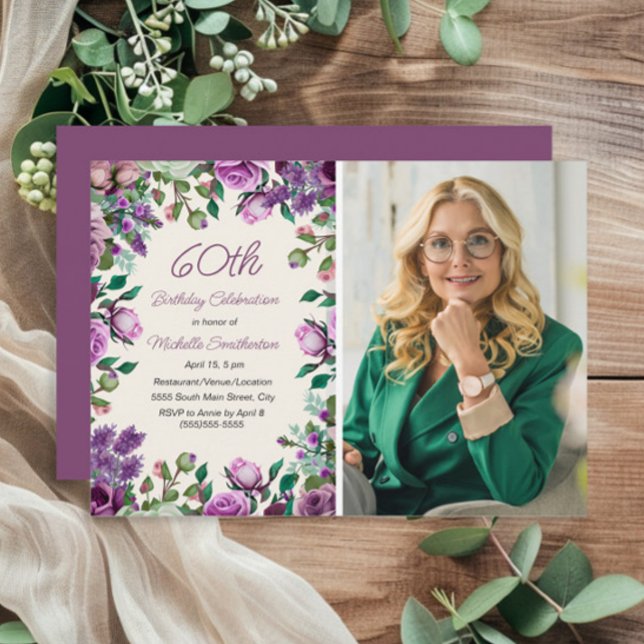 Invitation Photo de 60e anniversaire avec fleurs de menthe vi (Purple floral and mint green leaves 60th birthday party photo invitation)