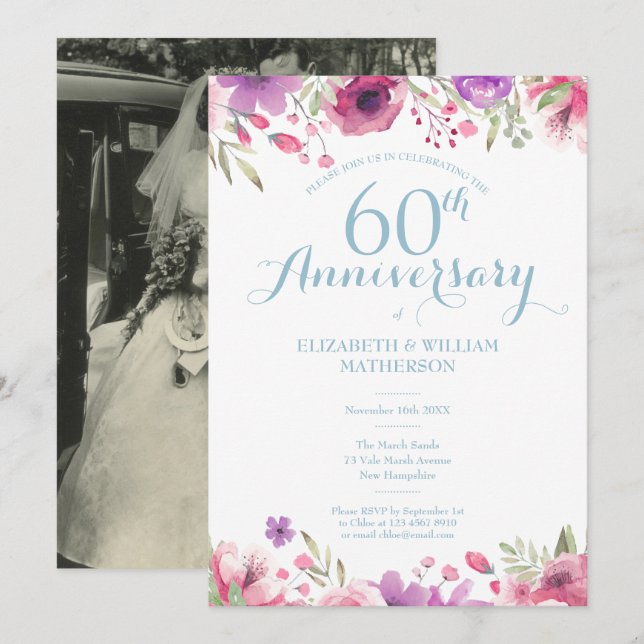 Invitation Photo de 60e anniversaire de mariage à l'aquarelle (Devant / Derrière)