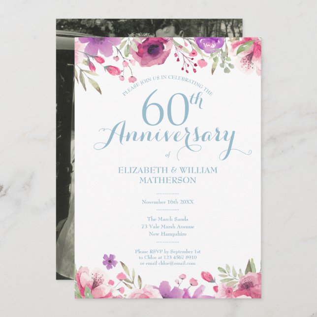 Invitation Photo de 60e anniversaire de mariage avec roses aq (Devant / Derrière)