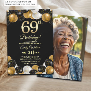 Invitation Photo de 69e anniversaire avec paillettes noires e