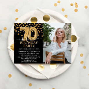Invitation Photo de 70e anniversaire surprise moderne noir et