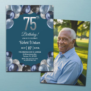 Invitation Photo de 75e anniversaire bleu élégant avec paille
